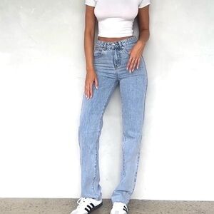 White Fox High Waisted Straight Leg Jeans Light Blue Wash XS